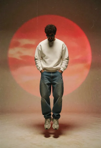Man floating midair against glowing red circular backdrop in vintage style