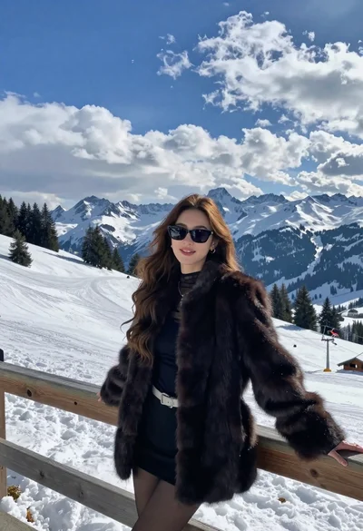 Young woman in dark fur coat on snowy mountain terrace overlooking alpine