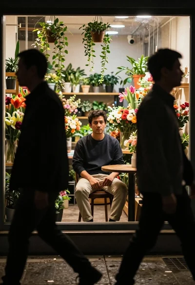 Man sitting inside a flower shop seen through silhouettes of pedestrians