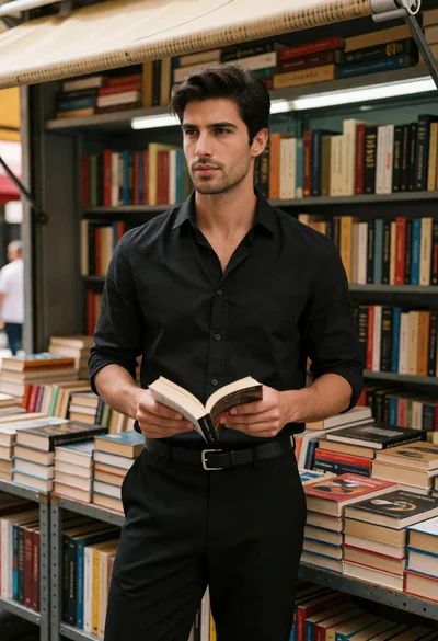 Handsome man in all black outfit holding book at colorful book stall