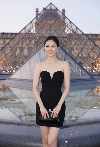 Woman in black strapless dress stands smiling before louvre pyramid at dusk