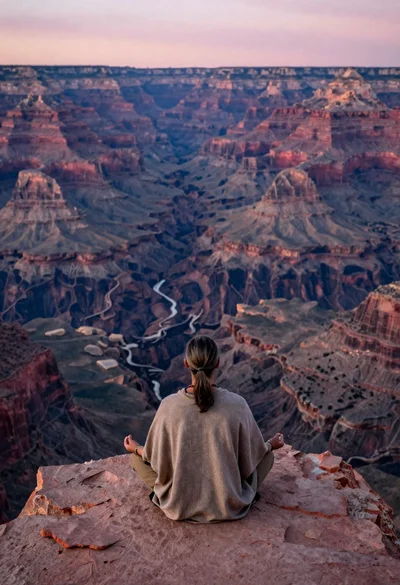 Meditating man on grand canyon rim at dawn with ethereal pink light
