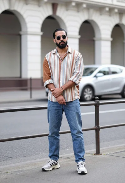Man in striped shirt standing on urban street by arched white building