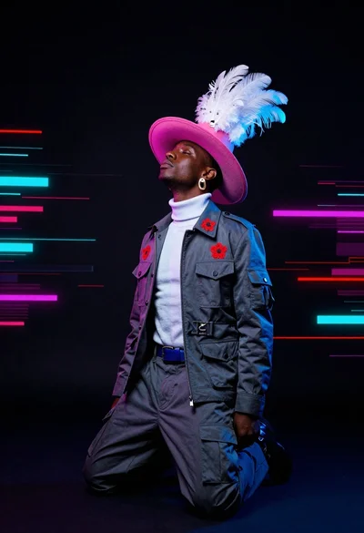 Dark skinned man kneeling in studio with neon glitch background