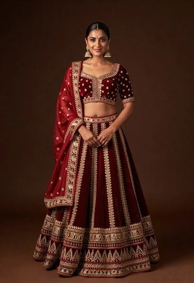 Woman in embroidered red and gold lehenga choli against dark brown backdrop