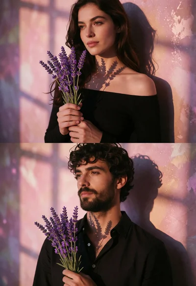 Split screen portrait of couple holding lavender bouquets against shadowed wall