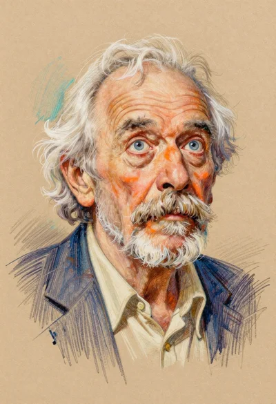 Colored pencil portrait of elderly man with white hair