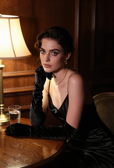 Woman in black satin dress and opera gloves at a wooden table
