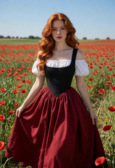 Woman with red hair in flowing dress standing in poppy field under