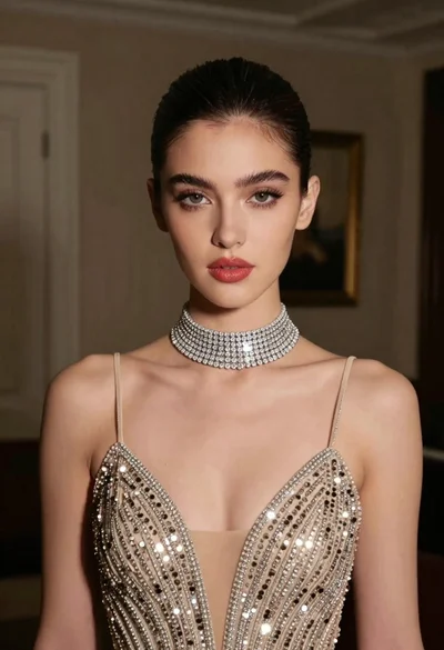 Glamorous portrait of young woman in champagne gown indoors