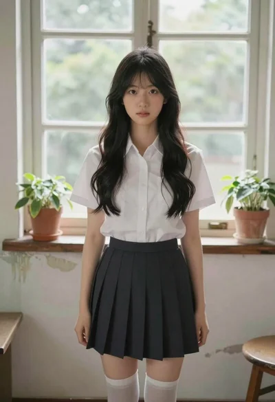Young asian woman in white shirt by large window