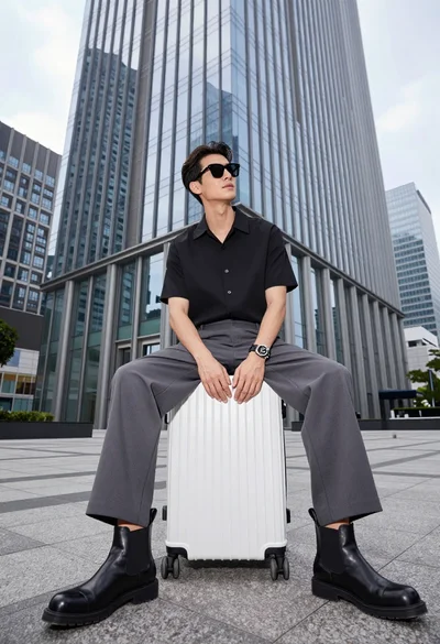 Handsome man sitting on suitcase before modern glass skyscraper in urban plaza