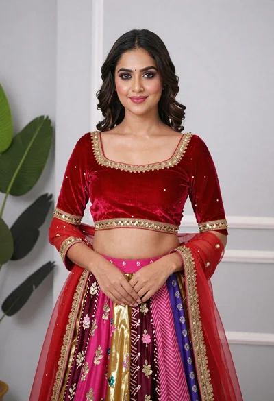 Young woman in elaborate red and pink traditional indian attire indoors