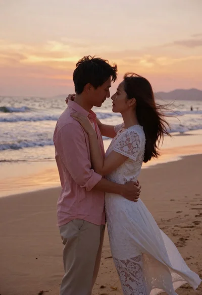 Romantic couple embracing on sandy beach during golden hour sunset