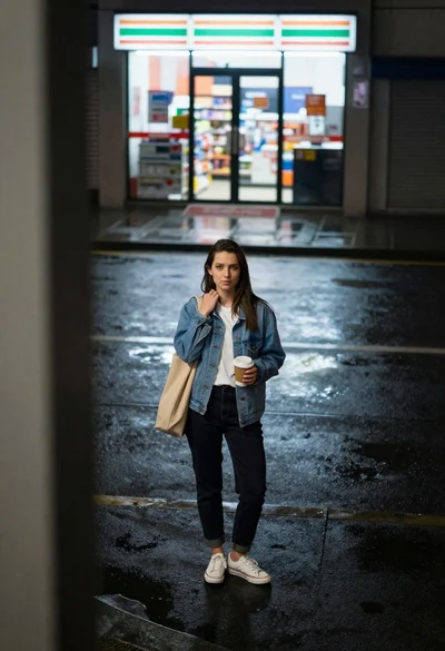 Young woman standing on wet city street at night looking up
