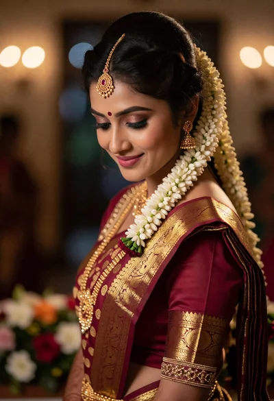 Portrait of a woman in maroon south indian bridal attire indoors