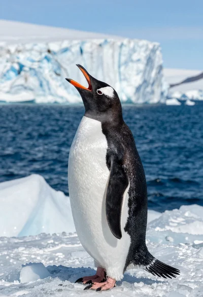 Majestic gentoo penguin calling on jagged ice ridge near massive glacier