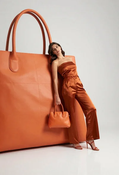 Woman in rust orange satin jumpsuit leaning against large leather handbag