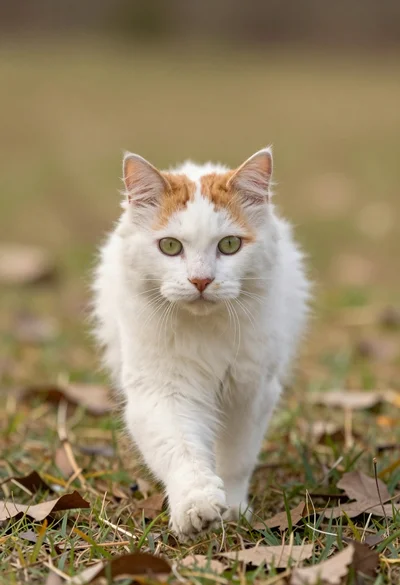 Fluffy white and ginger cat running toward camera on grassy patch