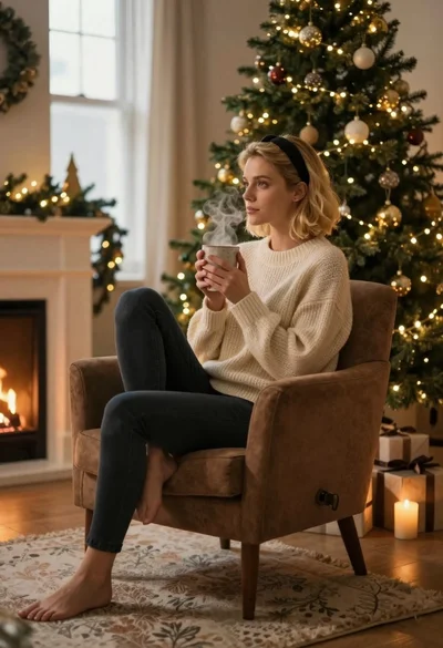 Young woman in cream sweater sitting in armchair holding mug near christmas