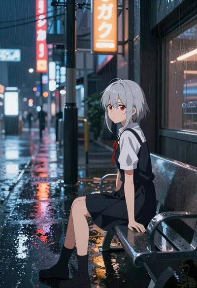 Anime girl waiting in rain on a wet city street