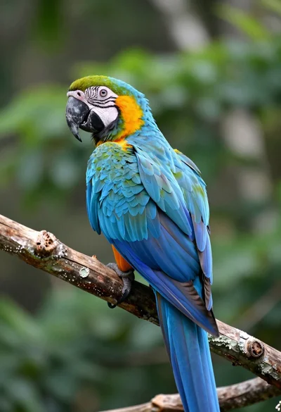 Close up portrait of a vibrant macaw perched on a branch in
