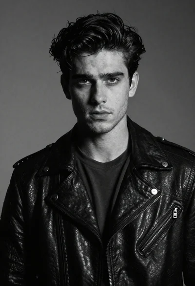 Portrait of handsome young man in black leather jacket studio shot