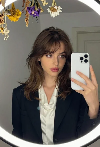 Young woman in black blazer taking mirror selfie in interior room