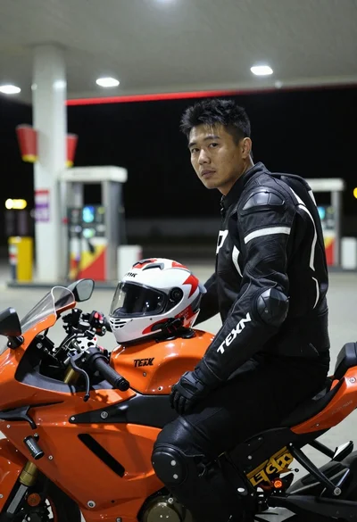 Man on sportbike at gas station at night