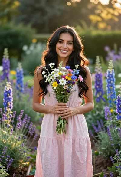 Smiling woman in pink linen dress holding wildflowers in a sunlit garden