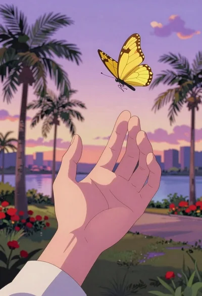Anime hand reaching for yellow butterfly in tropical park