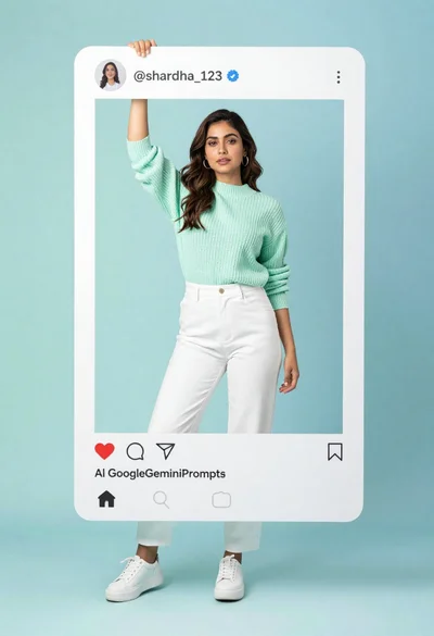 Young woman in mint green sweater posing inside social media frame