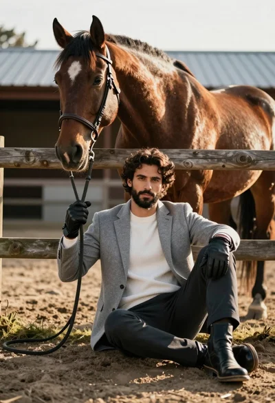 Handsome man with dark curly hair holding reins of large brown horse