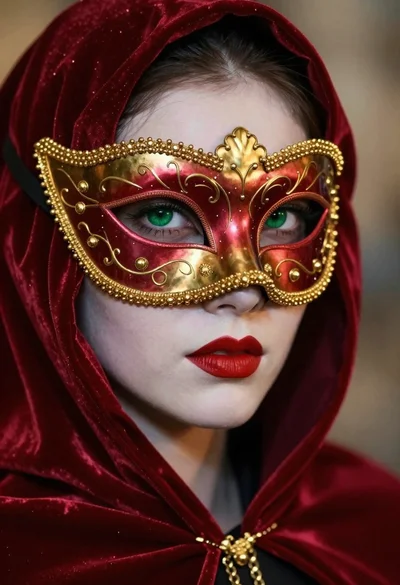 Portrait of person wearing ornate masquerade mask