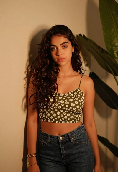 Young woman in olive top and denim jeans indoors with green leaves