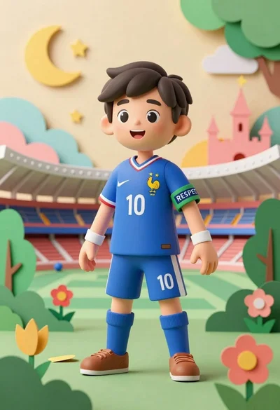 Cheerful young boy in blue france soccer jersey standing on a colorful