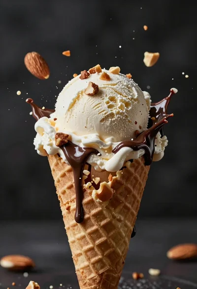 Macro shot of vanilla ice cream exploding in waffle cone with flying