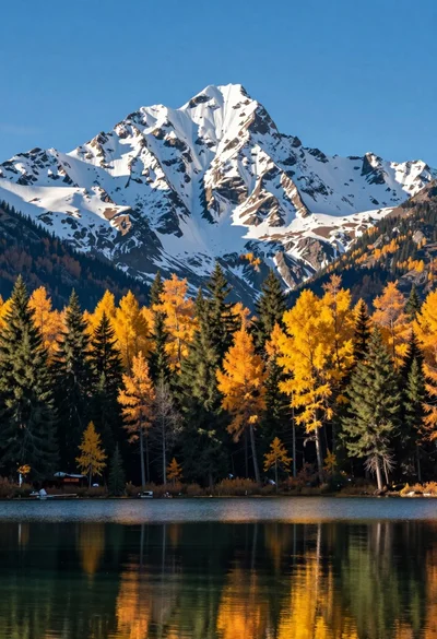 Majestic snow capped mountain range reflected in a calm autumn lake