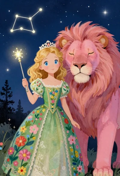 Princess and pink lion under a starry night sky