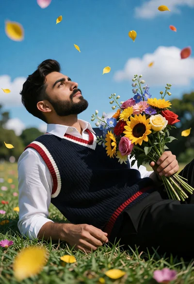 Young man reclining in grassy field holding flowers under bright blue sky