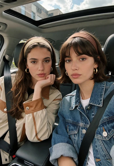 Two young women in car seats wearing denim and beige jackets