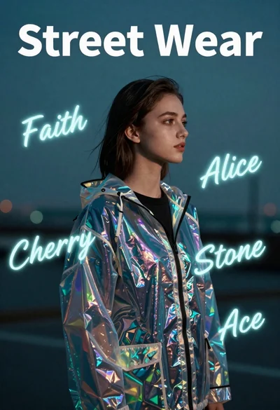 Young woman in holographic rain jacket against teal background with neon text