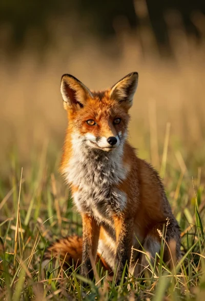Close up portrait of a red fox sitting in tall golden grass