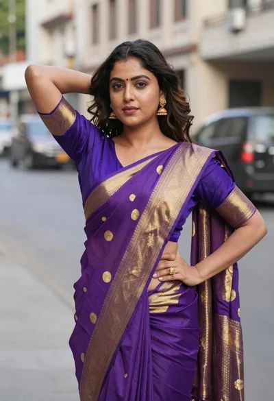 Woman in purple and gold saree standing on an urban city street