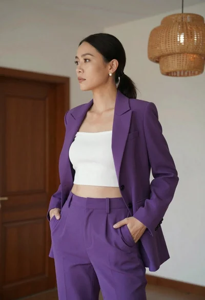 Woman in purple suit standing indoors with white ribbed crop top