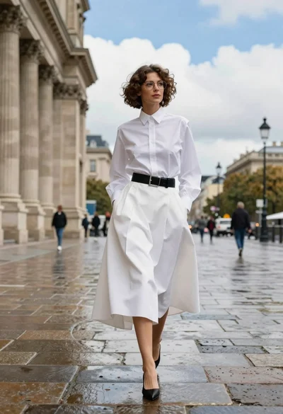 Stylish woman walking on wet cobblestone plaza near classical architecture