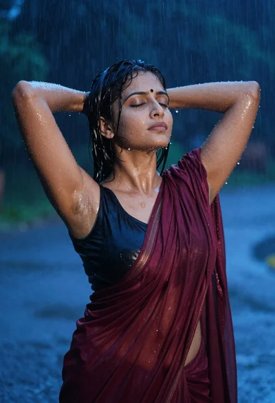 Woman in maroon sari standing in heavy rain with eyes closed