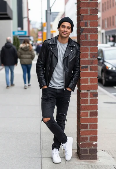 Stylish man in leather jacket leaning against red brick wall