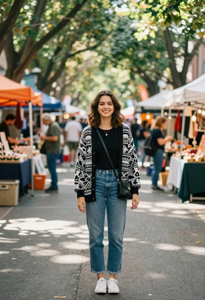 Smiling young woman in knit cardigan standing in an outdoor market