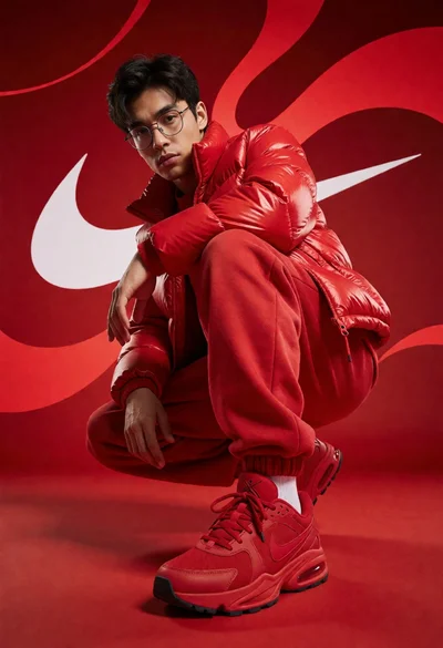 Young man in red outfit crouching against white swoosh logo studio background